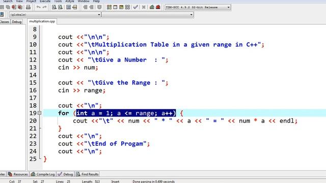 Multiplication Table in a given range in C++