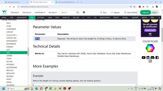 SQL Server Functions | SQL Server String Functions - SQL Server LEN() Function #11 | 234. W3Schools