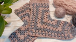 Носки из 6 угольного мотива крючком . Полный МК .