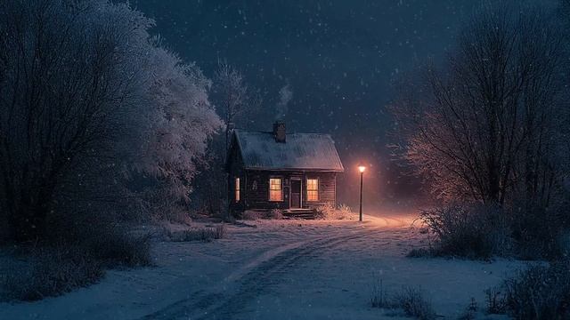 Winter's Solace: A Lonely Cabin's Evening Hush _ Reflections in Snowy Nightfall смотреть онлайн