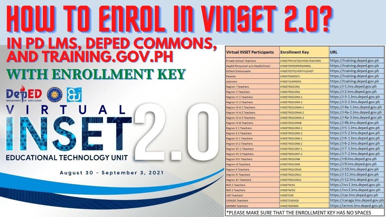 HOW TO ENROL IN VINSET 2.0 USING PD LMS, DEPED COMMONS, AND TRAINING.GOV.PH? WITH ENROLLMENT KEY!