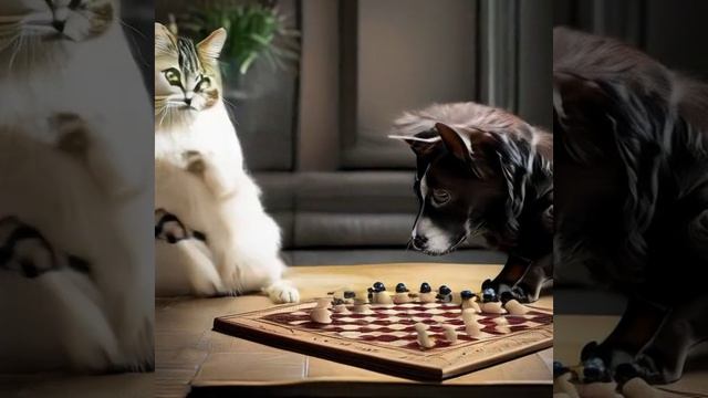 Кот и собака играют в  шашки, создано с помощью нейросети