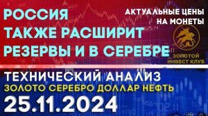 Россия также расширит резервы и в серебре. Анализ рынка золота, серебра, нефти, доллара 25.11.2024 г