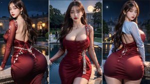 [4k] AI Art - Beautiful Princess Ruby Red Mini Dress Lookbook at the Fantasy Palace Royal Gardens ~