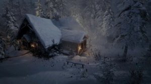 Зимняя вьюга с сильным ветром у бревенчатого домика