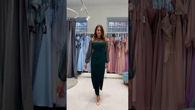 Вечернее платье Терани изумруд с рукавами