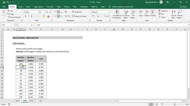 Excel COS function