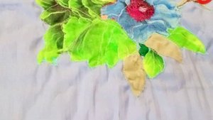 Аппликация на ткани . Домики,цветы и покрывало из остатков ткани.