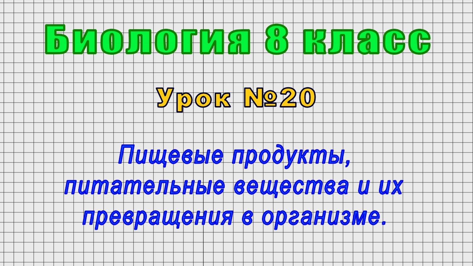 Биология 8 класс (Урок№20 - Пищевые продукты, питательные вещества и их превращения в организме.)