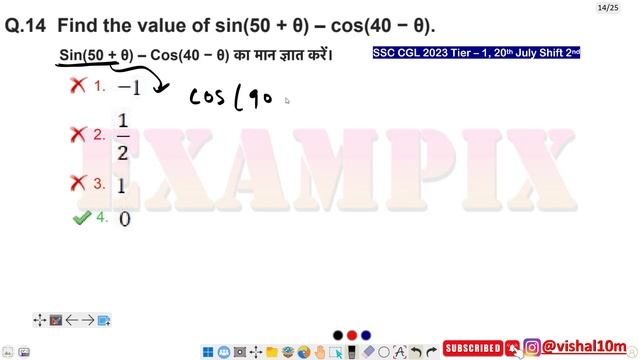 Find the value of sin(50 + θ) – cos(40 − θ).