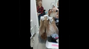 Мелирование теменной зоны, окрашивание корней, тонировка длины, пенная баня.