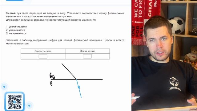 Жёлтый луч света переходит из воздуха в воду. Установите соответствие между физическими - №