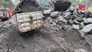 Строительство, экскаватор грузит и копает  песок