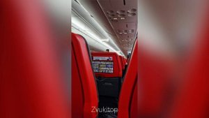 Звук инструктажа пассажиров в самолете перед взлётом, стюардесса показывает что куда