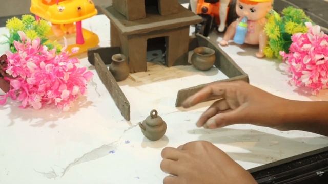 DIY How to make polymer clay miniature house, kitchen set,Bullock cart, Hand Pump,Tree | Village #9