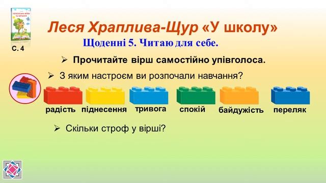 Літературне читання 1 урок: Леся Храплива- Щур "У школу" 3 кл.