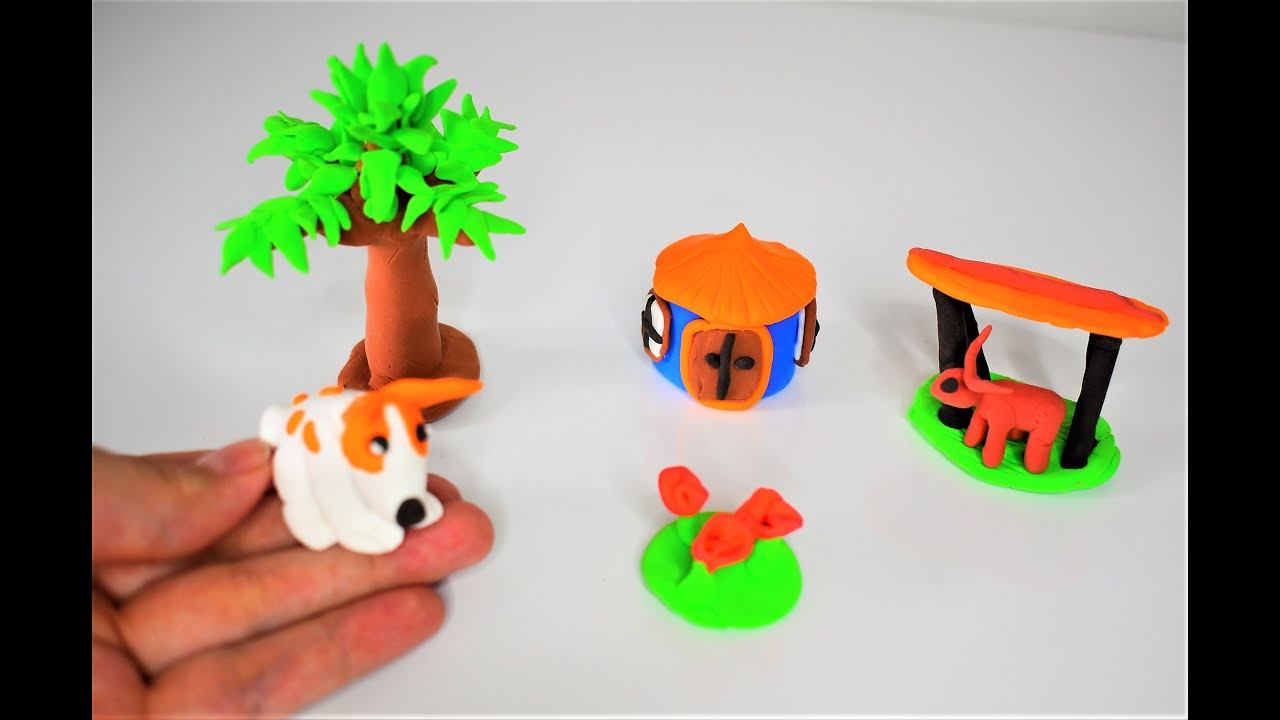How to make a miniature polymer clay house, dog, cow tree | Diy clay