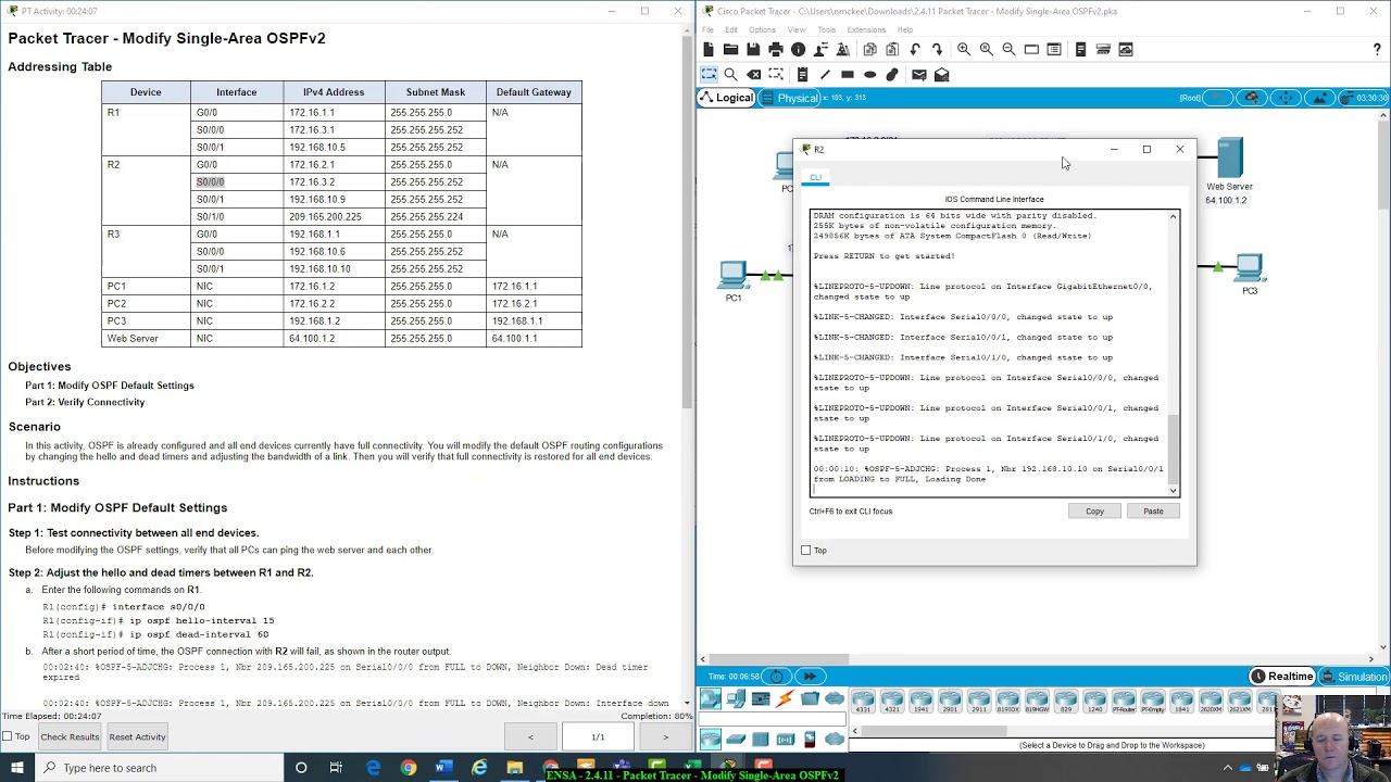 ENSA - 2.4.11 Packet Tracer - Modify Single-Area OSPFv2 смотреть онлайн