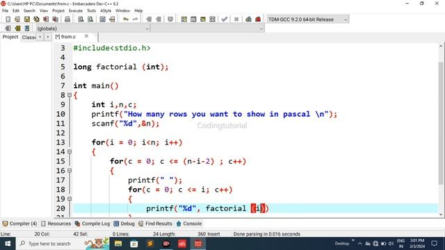 C Program to Print Pascal Triangle !! C Programming interview Questions #codingtutorial