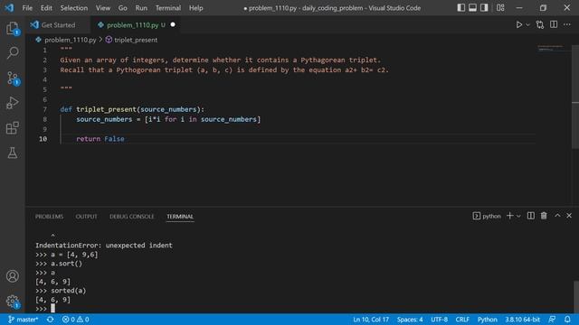 Daily Coding Problem : 1110 Pythogorean Triplet in list.