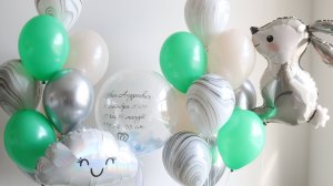 Шарики на выписку для мальчика с зайкой и шаром баблс с метрикой