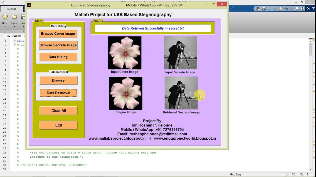 Matlab Project for Image Steganography for Secret Data hiding Full Source Code