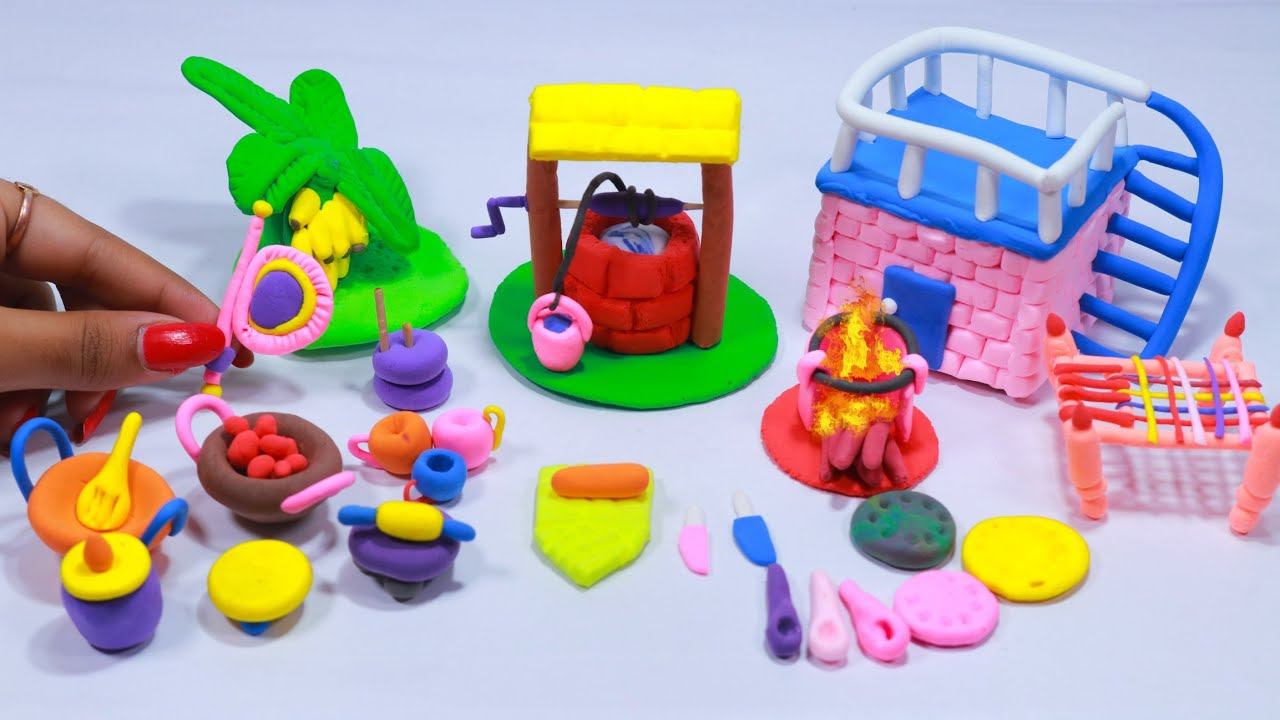 DIY How to make polymer clay miniature house, kitchen set, water well, charpai, tree | Village Hous