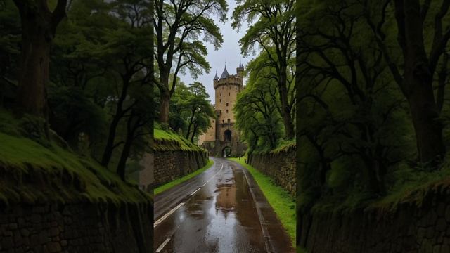 The dream castle sleeps peacefully, and the rain paints a picture on the road