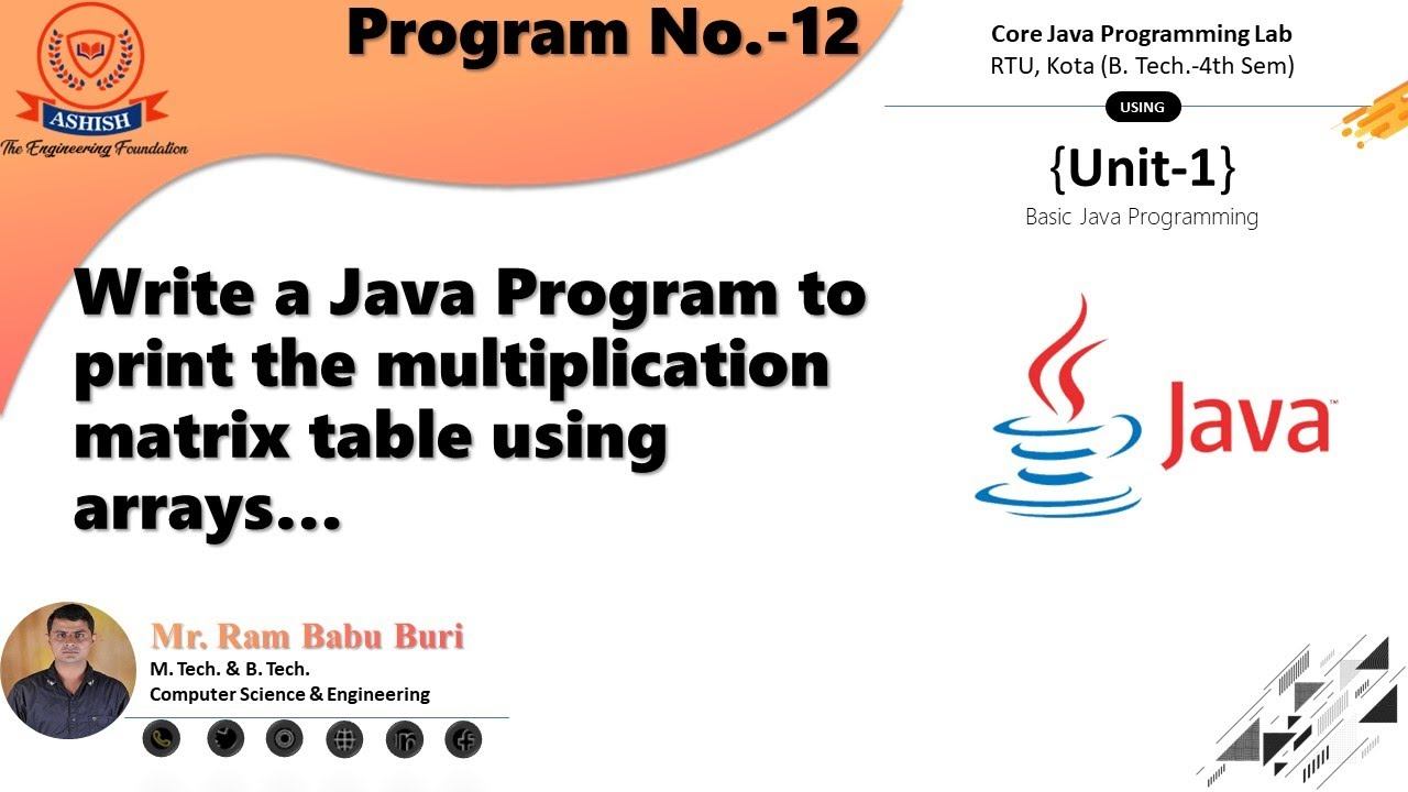 Program 12  Write a java program to print multiplication Matrix table using arrays #rambabuburi