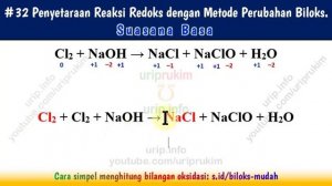Metode PBO, Penyetaraan #31: Cl2 + NaOH → NaCl + NaClO + H2O (Basa)