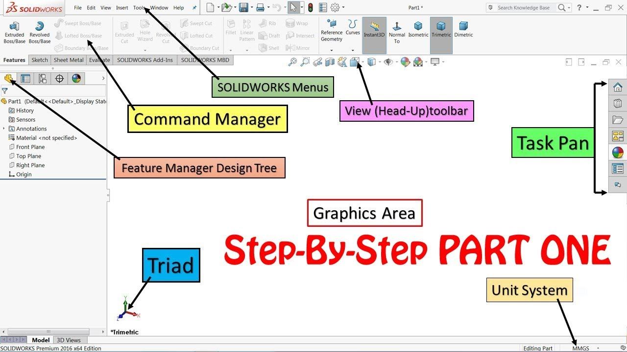 SolidWorks Tutorial 1 Interface, New Part, Options , Units, Getting Started