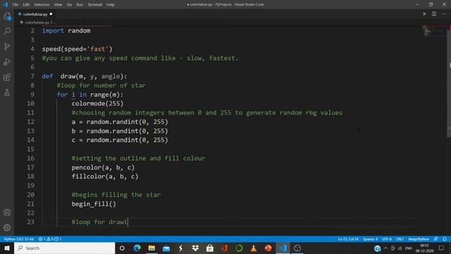 Draw colourful star pattern in python turtle | spiral of stars