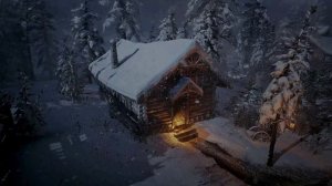 Небольшой бревенчатый домик стоит под натиском метели и сильного зимнего ветра.