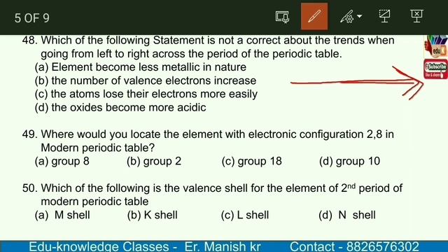 Class 10th Chemistry 1 marks questions mcqs PART 2 Periodic Classification of elements смотреть онлайн