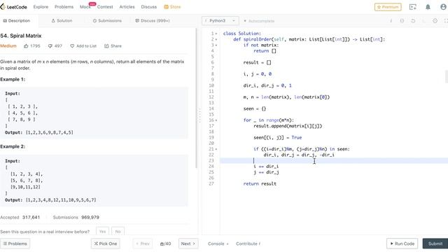 Daily Coding Problem - Problem 65 (Spiral matrix)