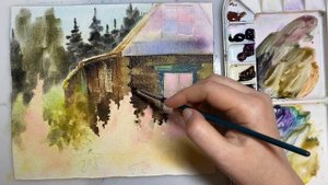 Урок акварель. Летний деревенский пейзаж акварелью. Деревянный домик с цветами.