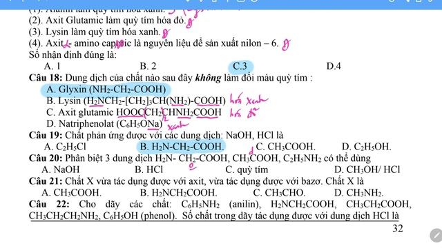 HÓA 12 CHƯƠNG 3: TRẮC NGHIỆM LÝ THUYẾT AMINOAXIT 2 xấp NHCH