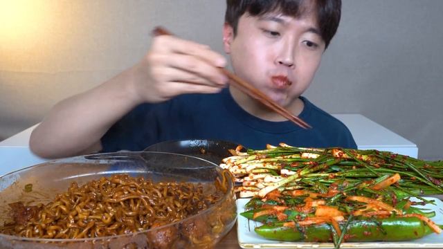 3분 미트볼+짜짜로니 갓담근 파김치 고추김치 먹방 Black Bean Noodles & Green Onion Kimchi ASMR MUKBANG EATING SHOW