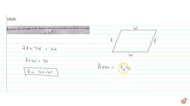 perimeter of a rectangle is `40`, find the maximum possible area of the rectangle. смотреть онлайн