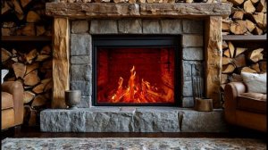 Камин с красивым очагом и звуком потрескивающих горящих дров.
