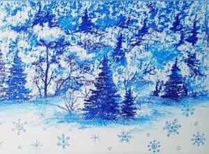 Как нарисовать красивый зимний пейзаж синей масляной пастелью и карандашами.