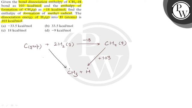 Given the bond dissociation enthalpy of \( \mathrm{CH}_{3}-\mathrm{H} \) bond as \( 103 \mathrm{... смотреть онлайн