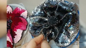 Брошь цветок черно-серебряный (ручная вышивка)