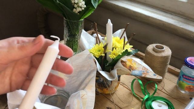 ПОДЕЛКИ К ПАСХЕ СВОИМИ РУКАМИ! ИКЕБАНА ИЗ ЖИВЫХ ЦВЕТОВ СО СВЕЧОЙ! ПРОСТЫЕ ПОДЕЛКИ!