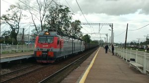Электровоз 3ЭС4К-058 с грузовым поездом и мигающий жёлтый, ст. Ручьи