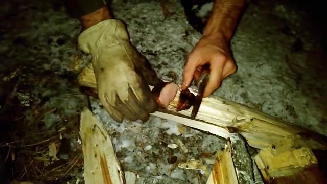 Cutting a great pork shashlik in the forest