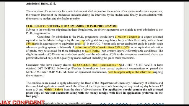 Calcutta University Ph.D. Admission Notification in Chemistry ||
