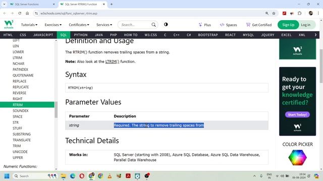 SQL Server Functions | SQL Server String Functions - SQL Server RTRIM() Function #21 | 244. W3Schoo