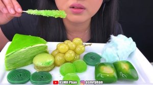 ASMR GREEN FOOD PLATTER (Crepe Cake, Tanghulu, Macarons, Cake, Mochi, Crystal Candy) | ASMR Phan