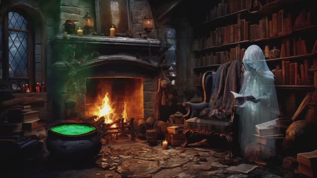 Witch's House Spooky Halloween Ambience, Fireplace Sounds and Page Turning